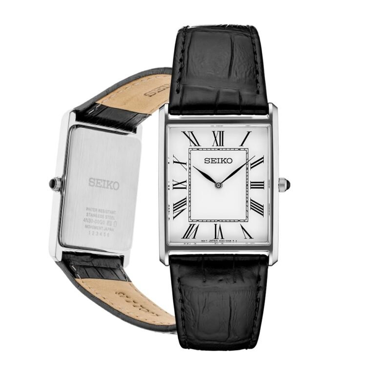 Seiko rectangular wristwatch with black leather band, white face, and Roman numerals