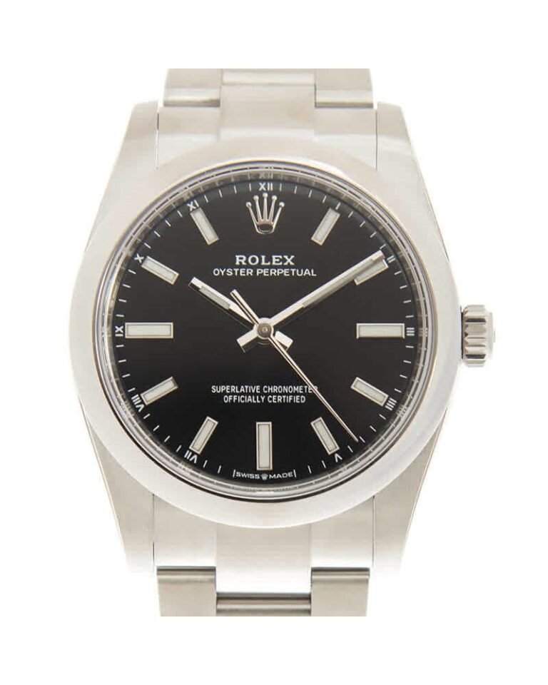 Rolex Oyster Perpetual watch with black face and silver band