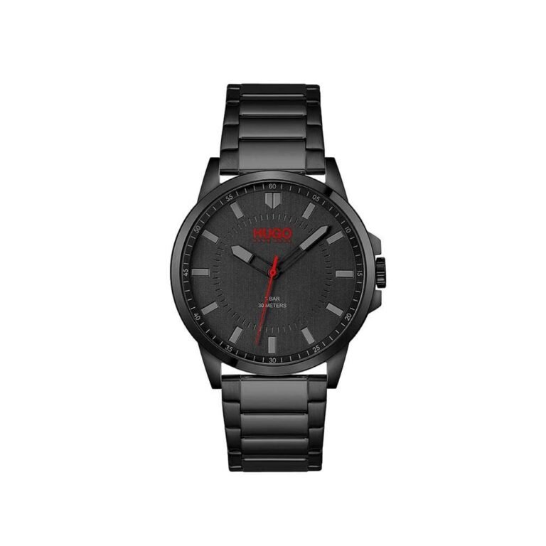 Black Hugo Boss watch with red accents on a white background
