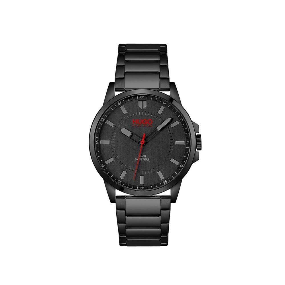 Black Hugo Boss watch with red accents on a white background