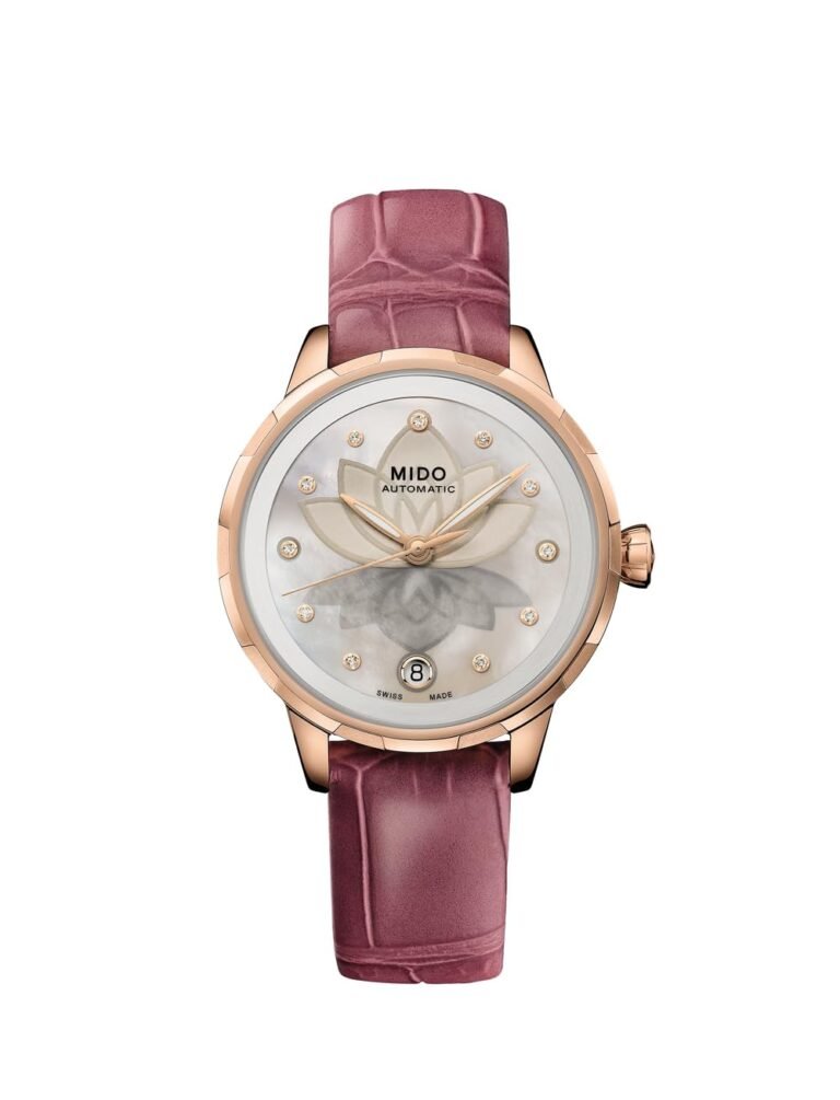 Mido automatic watch with a lotus design and pink leather strap