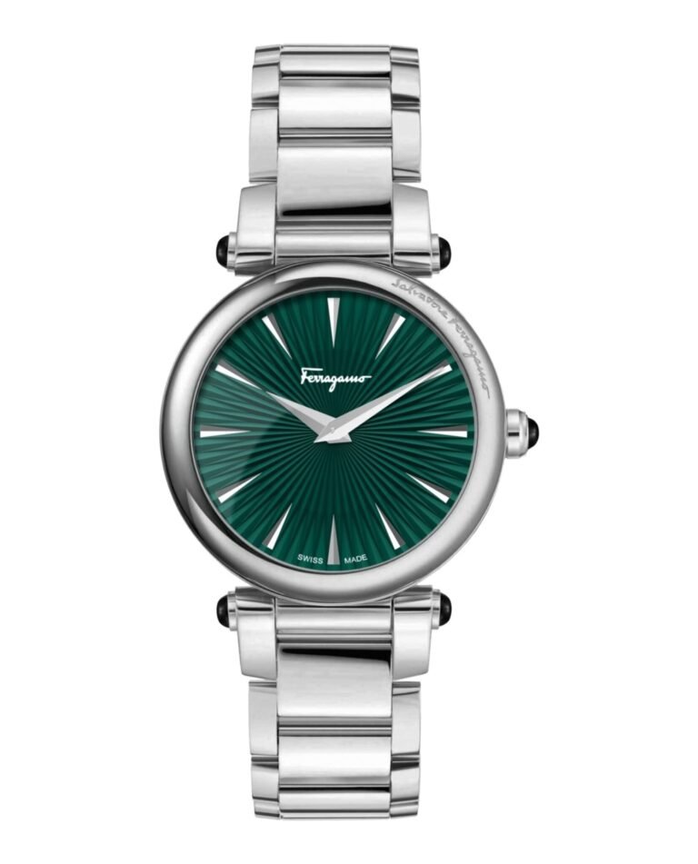 Salvatore Ferragamo silver wristwatch with green radial dial and silver band
