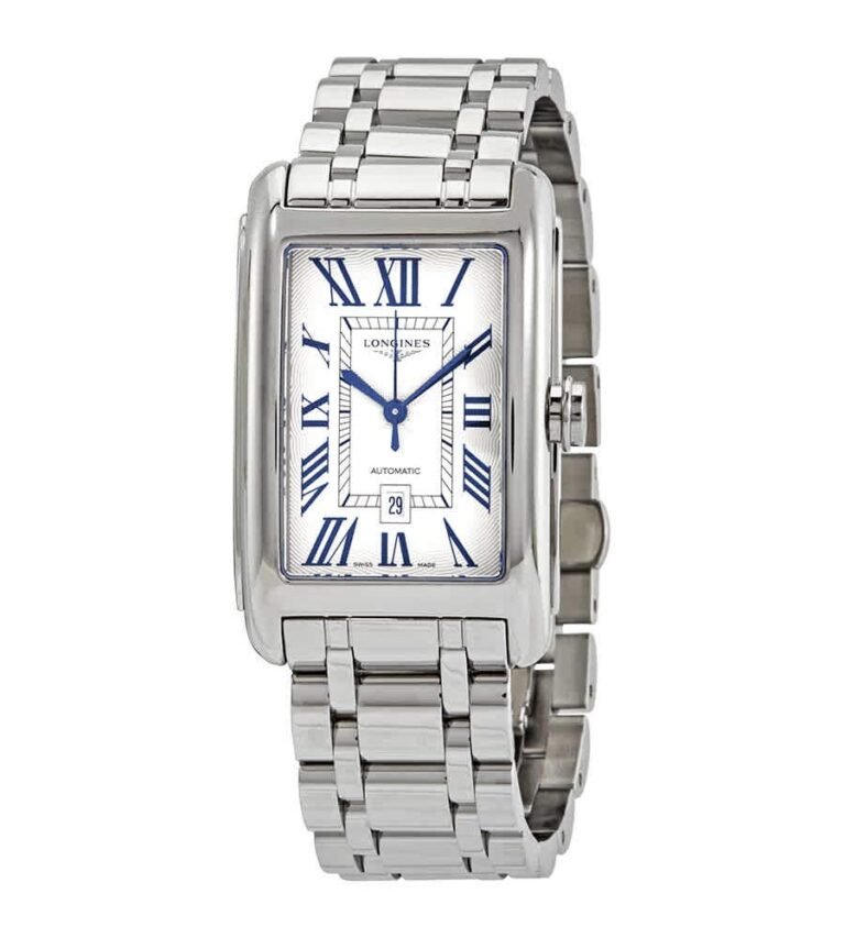 Silver Longines rectangular watch with blue Roman numerals and date display