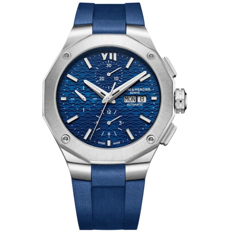 Silver and blue Baume & Mercier watch with a blue rubber strap