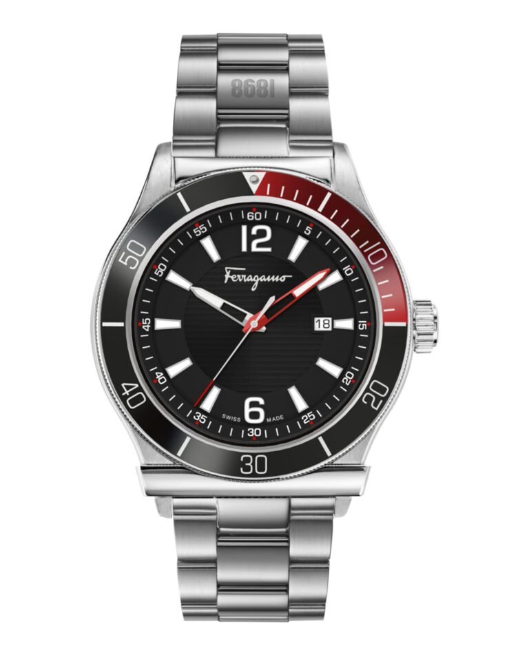 Silver Ferragamo wristwatch with black face, red accents, and date display