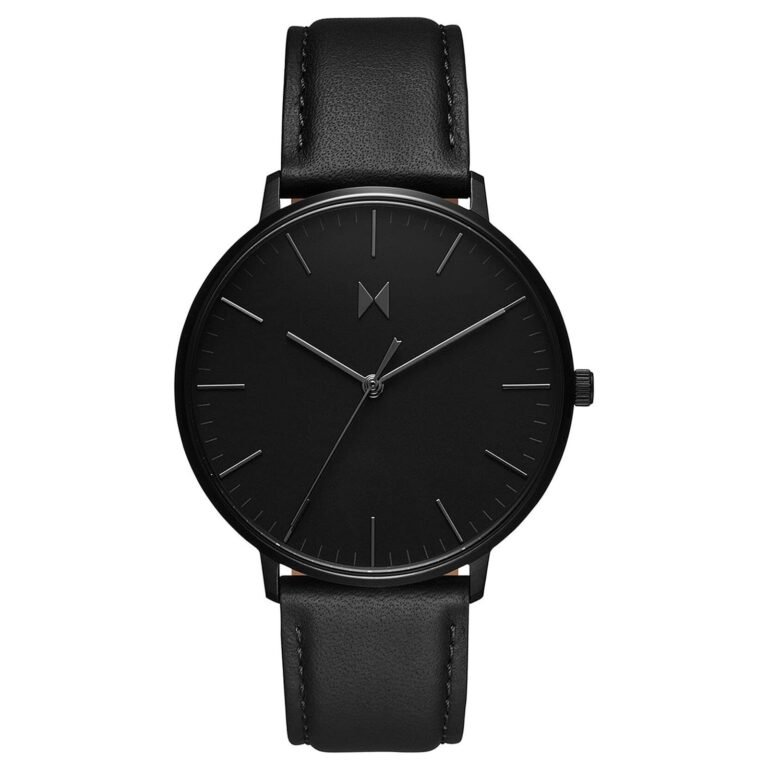 Black minimalist watch with leather band, black face, and silver hands