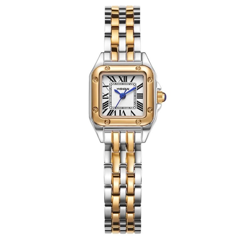 Gold and silver wristwatch with Roman numerals on a white face