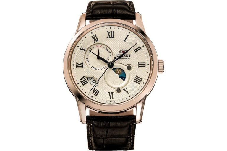 Rose gold Orient automatic watch with moon phase and Roman numerals