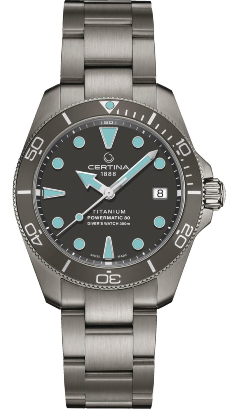 Titanium Certina Powermatic 80 diver's watch with teal accents and date display