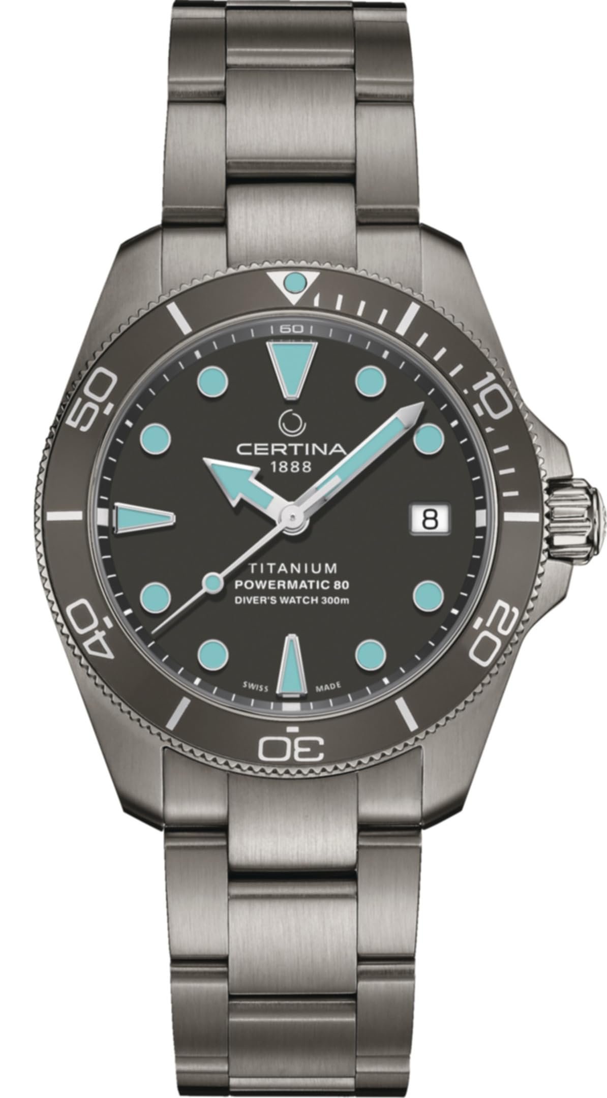 Titanium Certina Powermatic 80 diver's watch with teal accents and date display