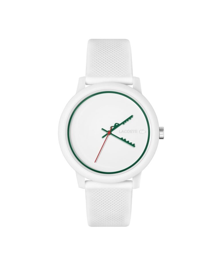 White Lacoste watch with green and red accents, isolated on white background