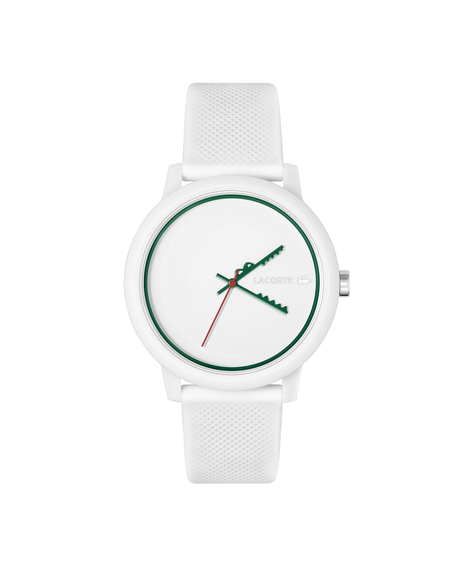 White Lacoste watch with green and red accents, isolated on white background