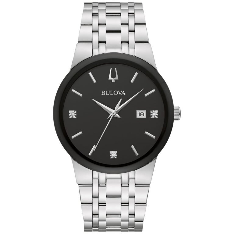 Bulova men's watch with a black face, silver band, and date display
