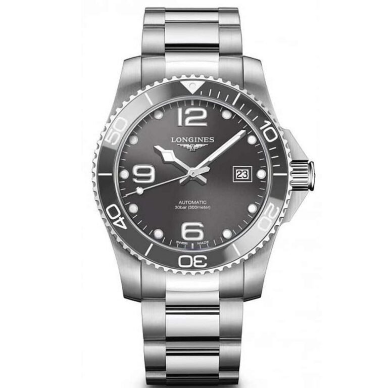 Silver Longines automatic watch with a black dial and date display