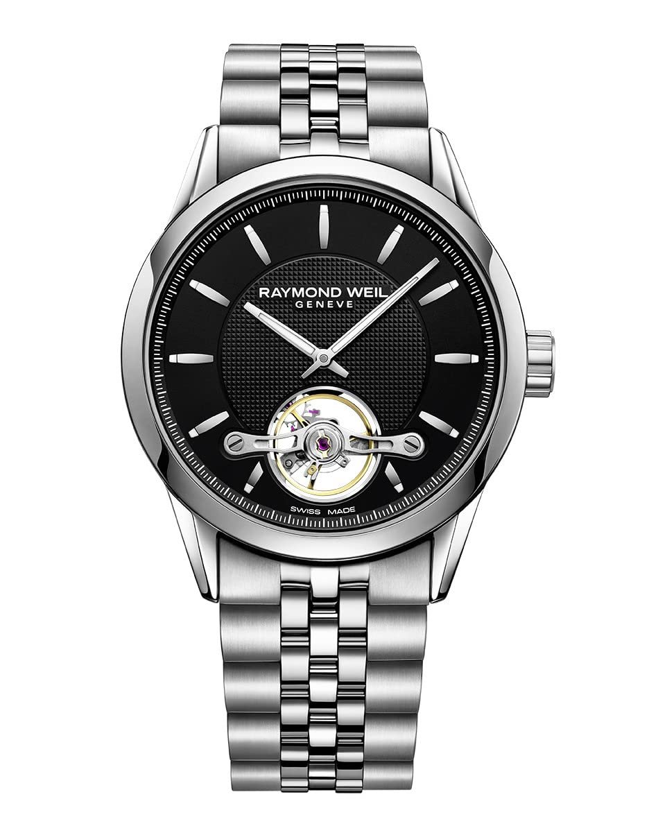 Raymond Weil Geneve watch with black face and silver band