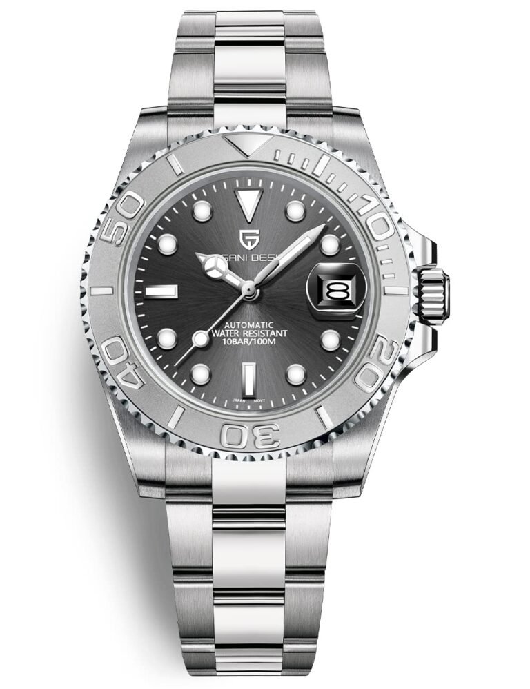 Silver wristwatch with a black face, date window, and a stainless steel band