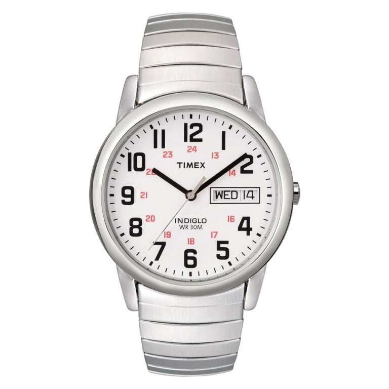 Silver Timex watch with white face, black hands, and date display