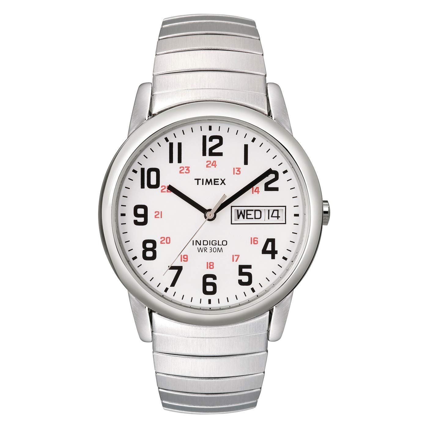 Silver Timex watch with white face, black hands, and date display