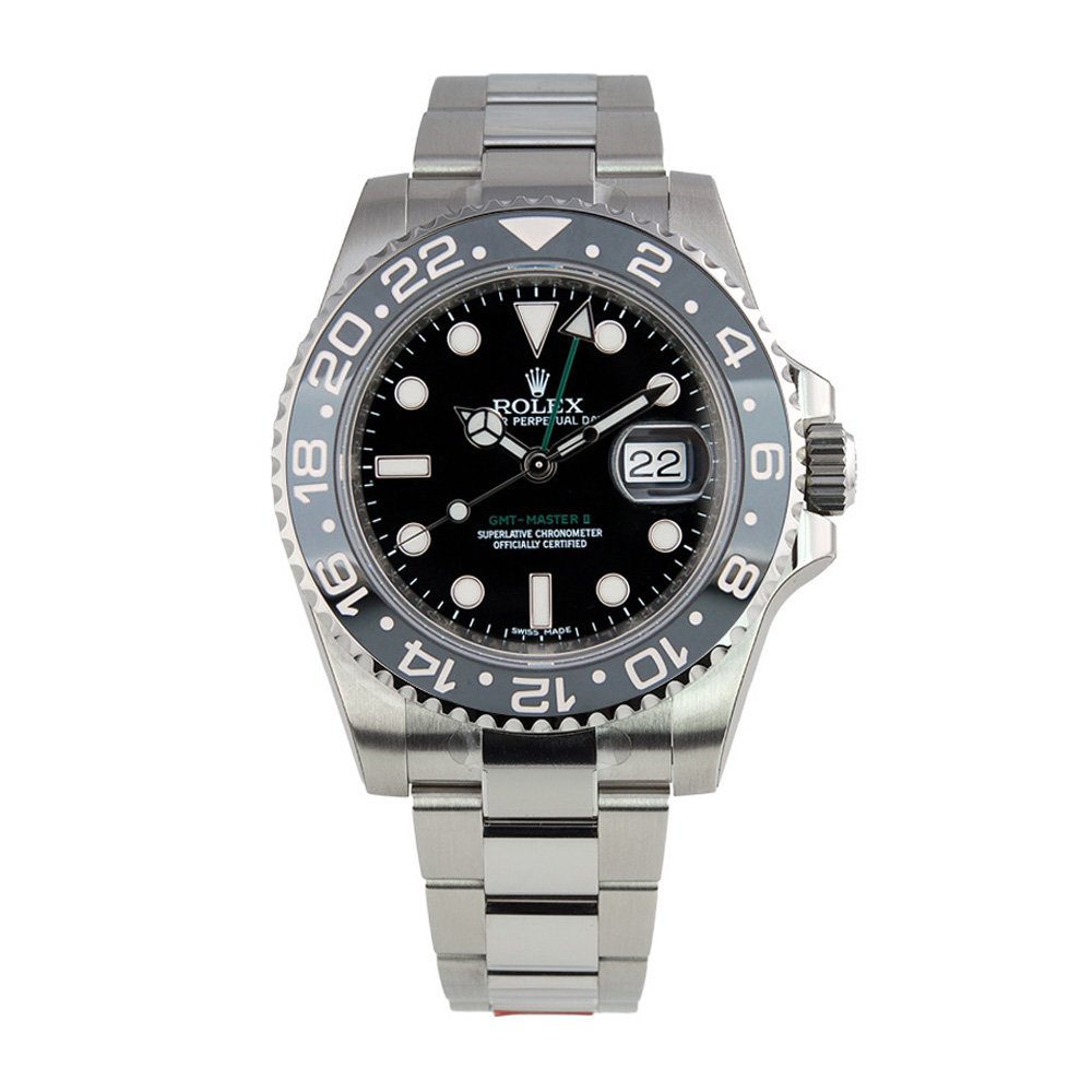Rolex GMT-Master II watch with black face, date window, and silver band