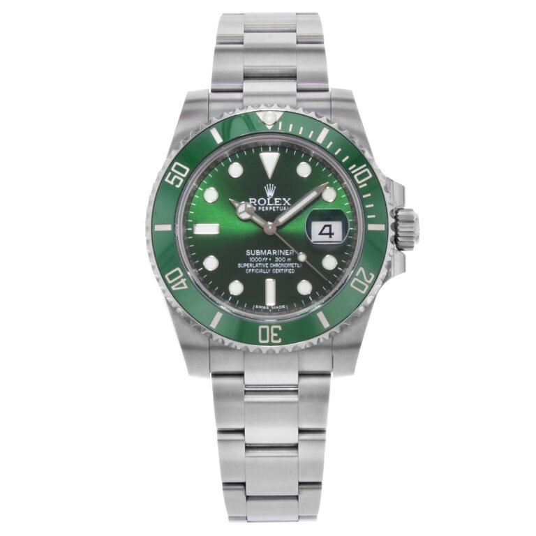Rolex Submariner watch with green bezel and dial, stainless steel band