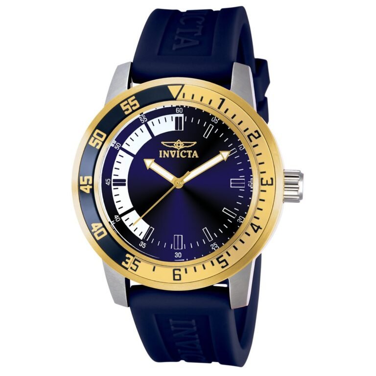 Invicta men's watch with blue and gold accents on a white background