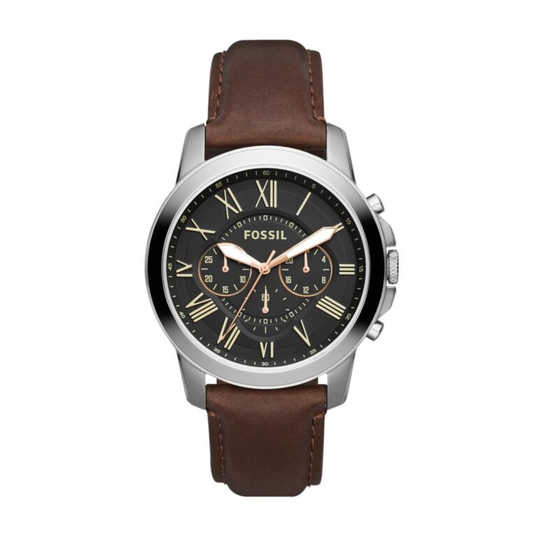 Fossil watch with black face, Roman numerals, silver case, and brown leather strap