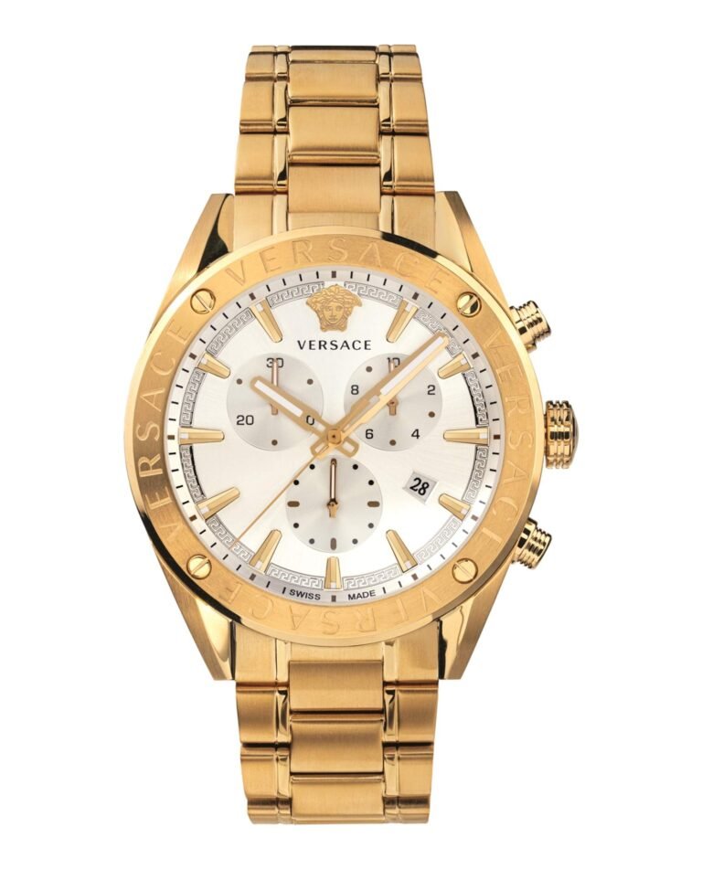 Gold Versace chronograph watch with white face and Medusa logo
