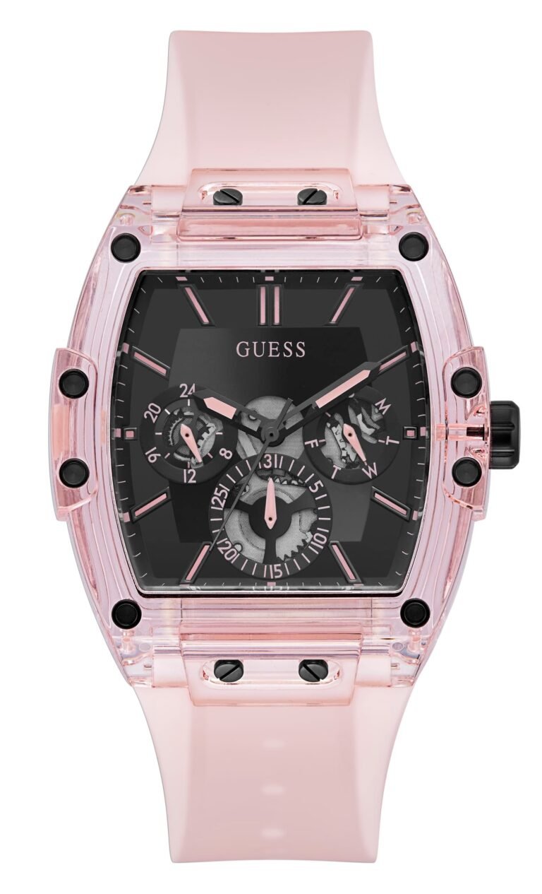 Pink transparent Guess watch with black face and rose gold accents