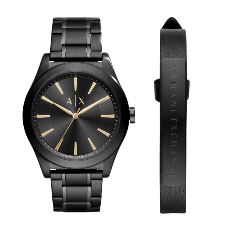 Black Armani Exchange watch and bracelet set on a white background