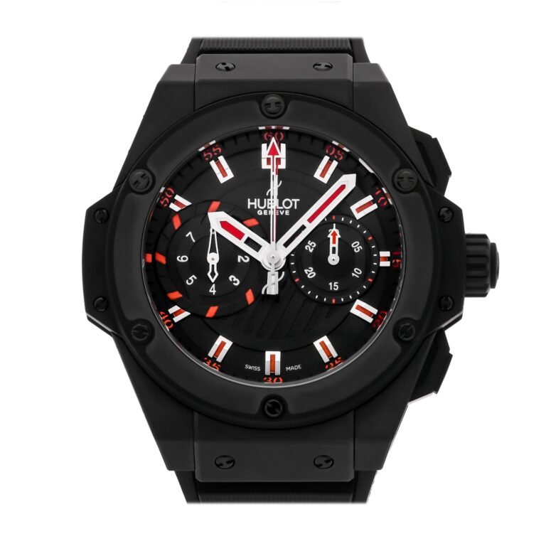 Black Hublot watch with red accents, white hands, and multiple dials