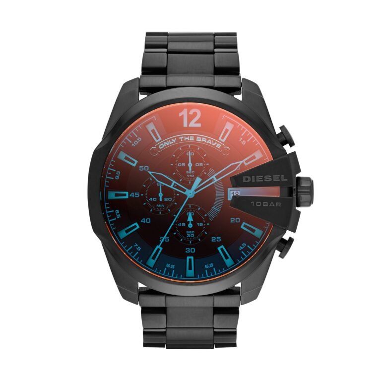 Black Diesel watch with orange and blue face, "Only The Brave" text