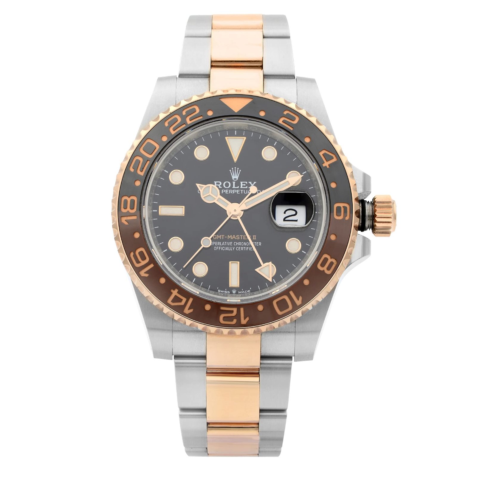 Rolex GMT-Master II watch with a black face, brown and gold bezel, and two-tone band
