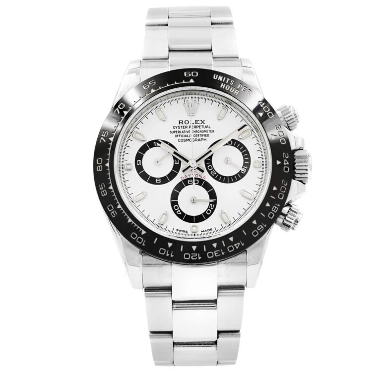 Rolex Daytona watch with white face, black bezel, and silver band