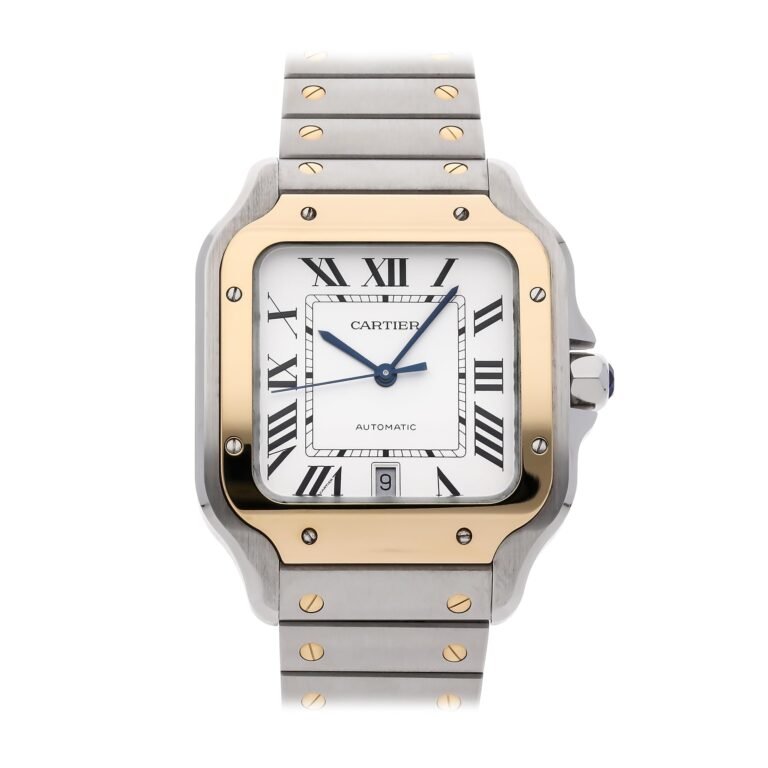 Cartier Santos watch with gold bezel, white face, and Roman numerals