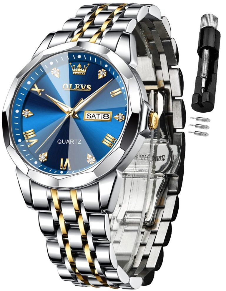 Silver and gold OLEVS quartz watch with blue face and band adjustment tool
