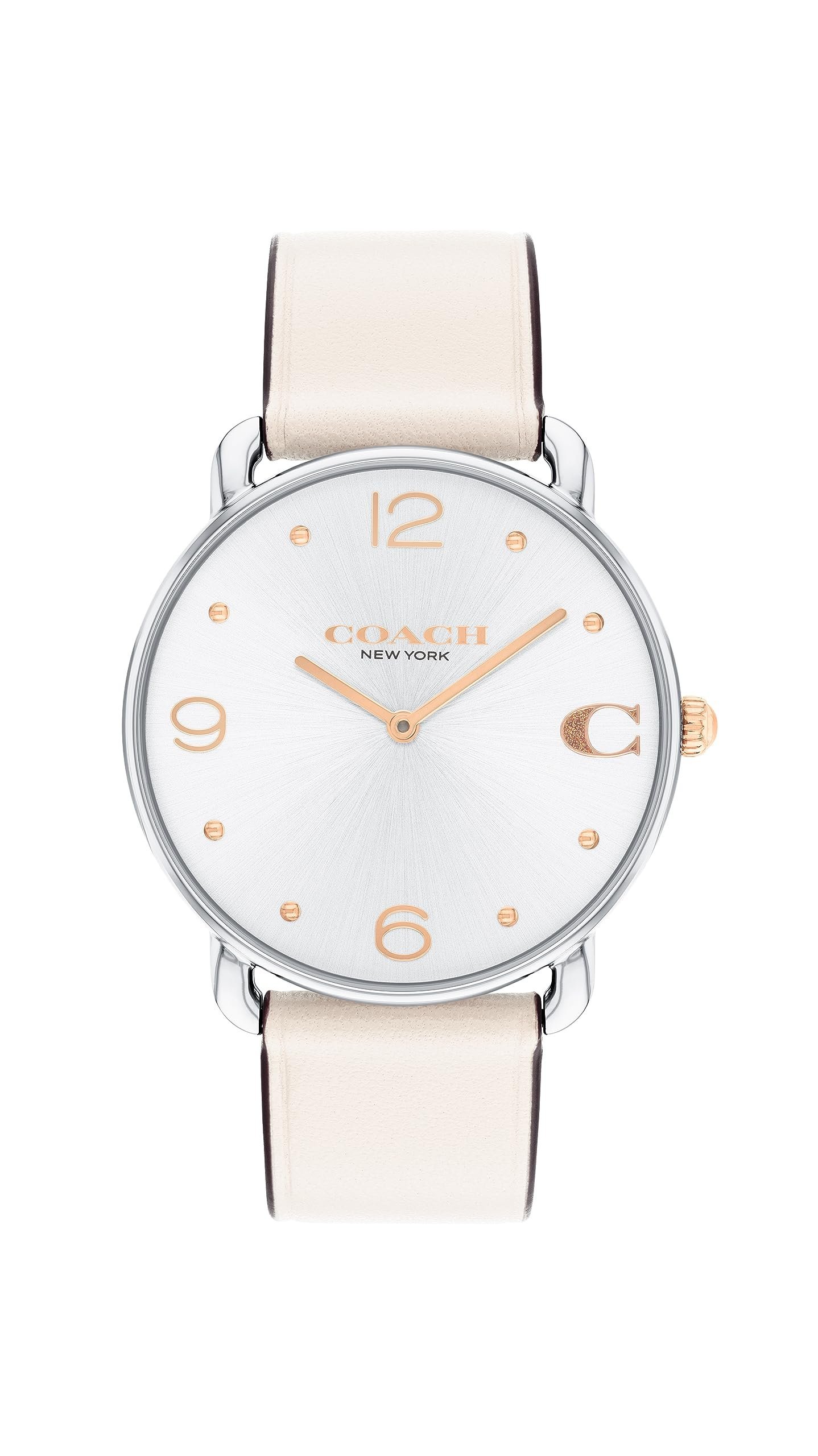 Coach watch with a silver face, gold accents, and cream leather band