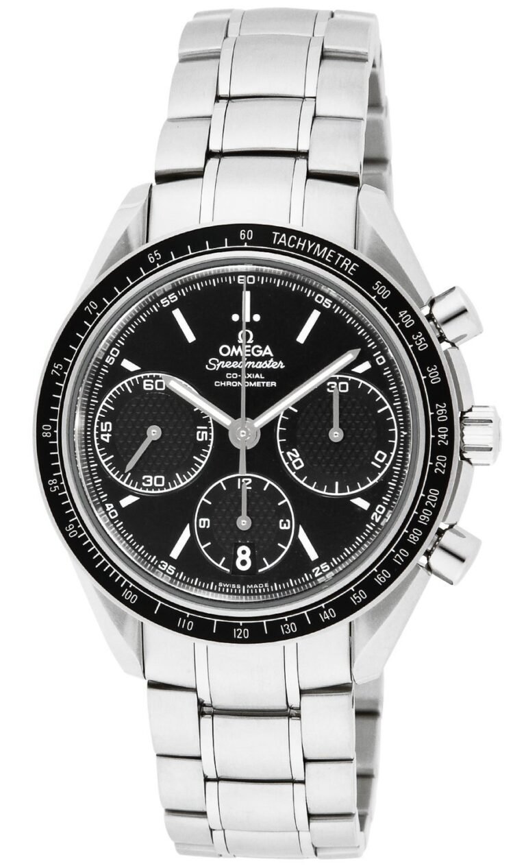 Silver Omega Speedmaster watch with black face and chronograph dials