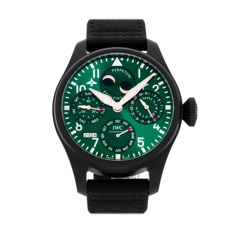 Black IWC watch with a green face, multiple dials, and a black strap