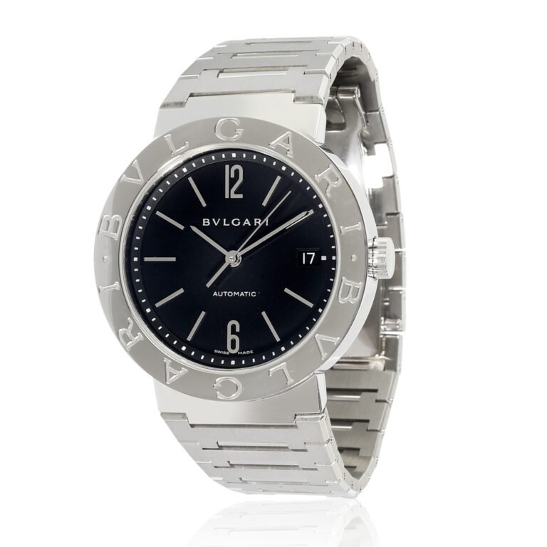 Silver Bulgari watch with black face, date window, and automatic movement