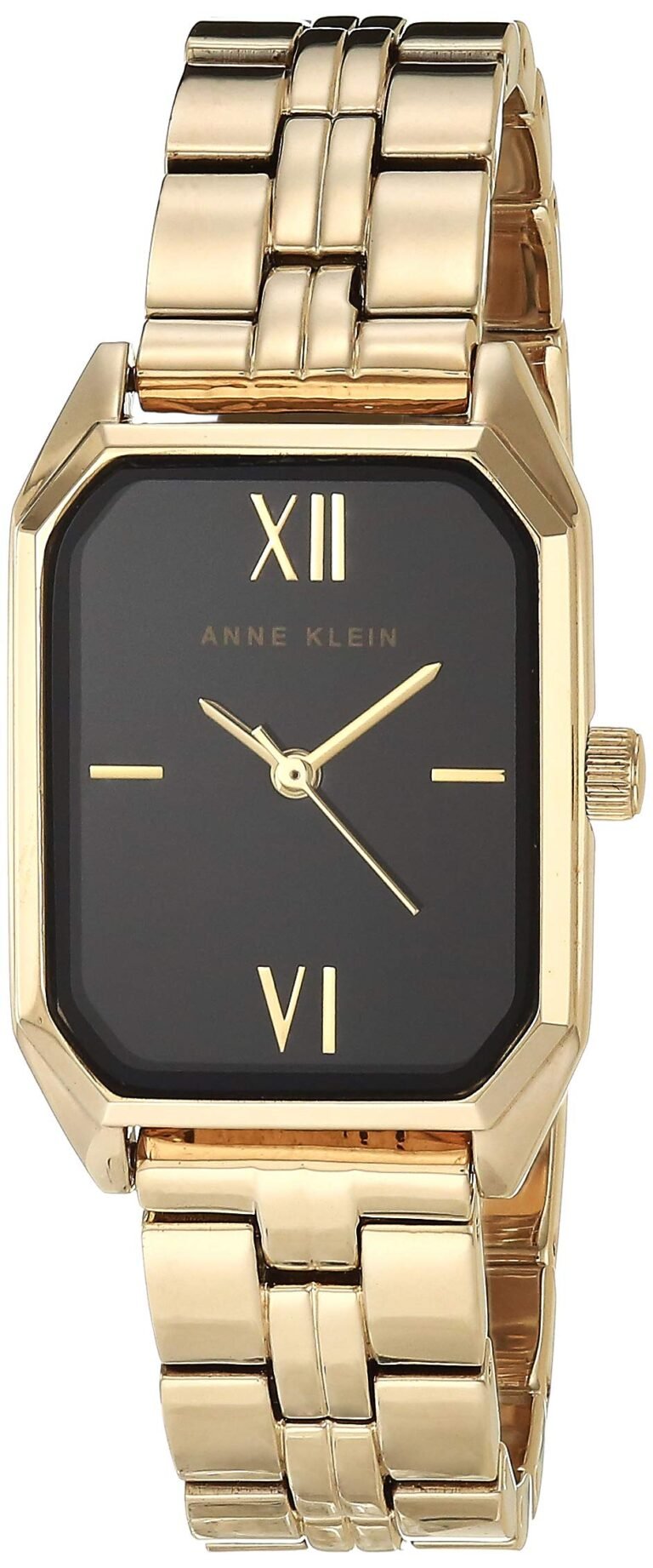Gold Anne Klein watch with black face, Roman numerals, and gold band
