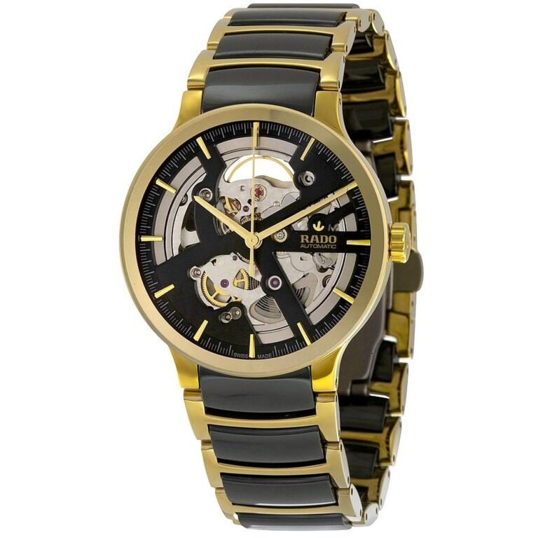 Gold and black Rado automatic watch with skeleton dial and band