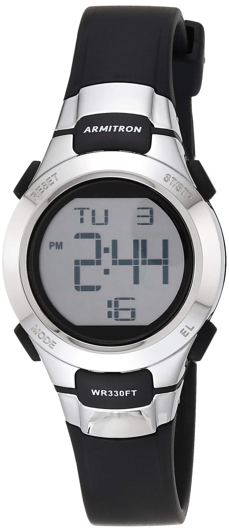 Armitron digital watch displaying the time 2:44 PM, with black band and silver bezel