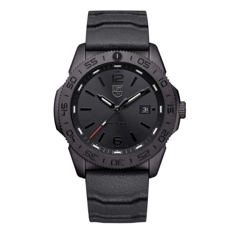 Black Luminox watch with black leather strap, date display, and luminous hands