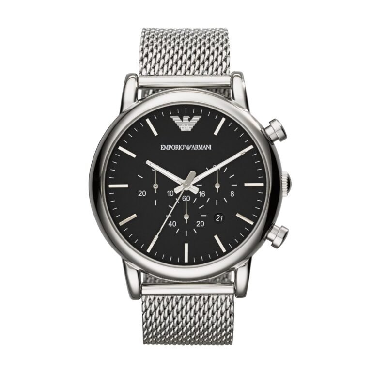 Emporio Armani watch with black face and silver mesh band