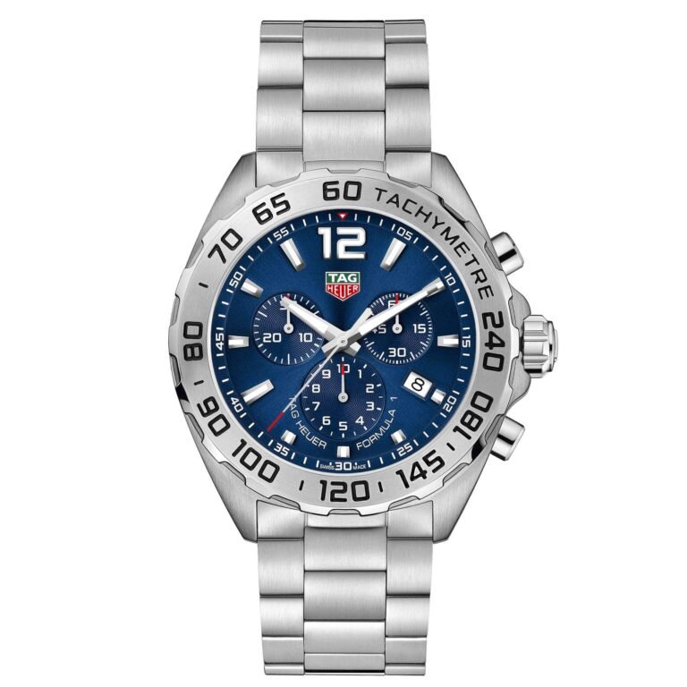 Silver TAG Heuer Formula 1 watch with a blue face and chronograph dials