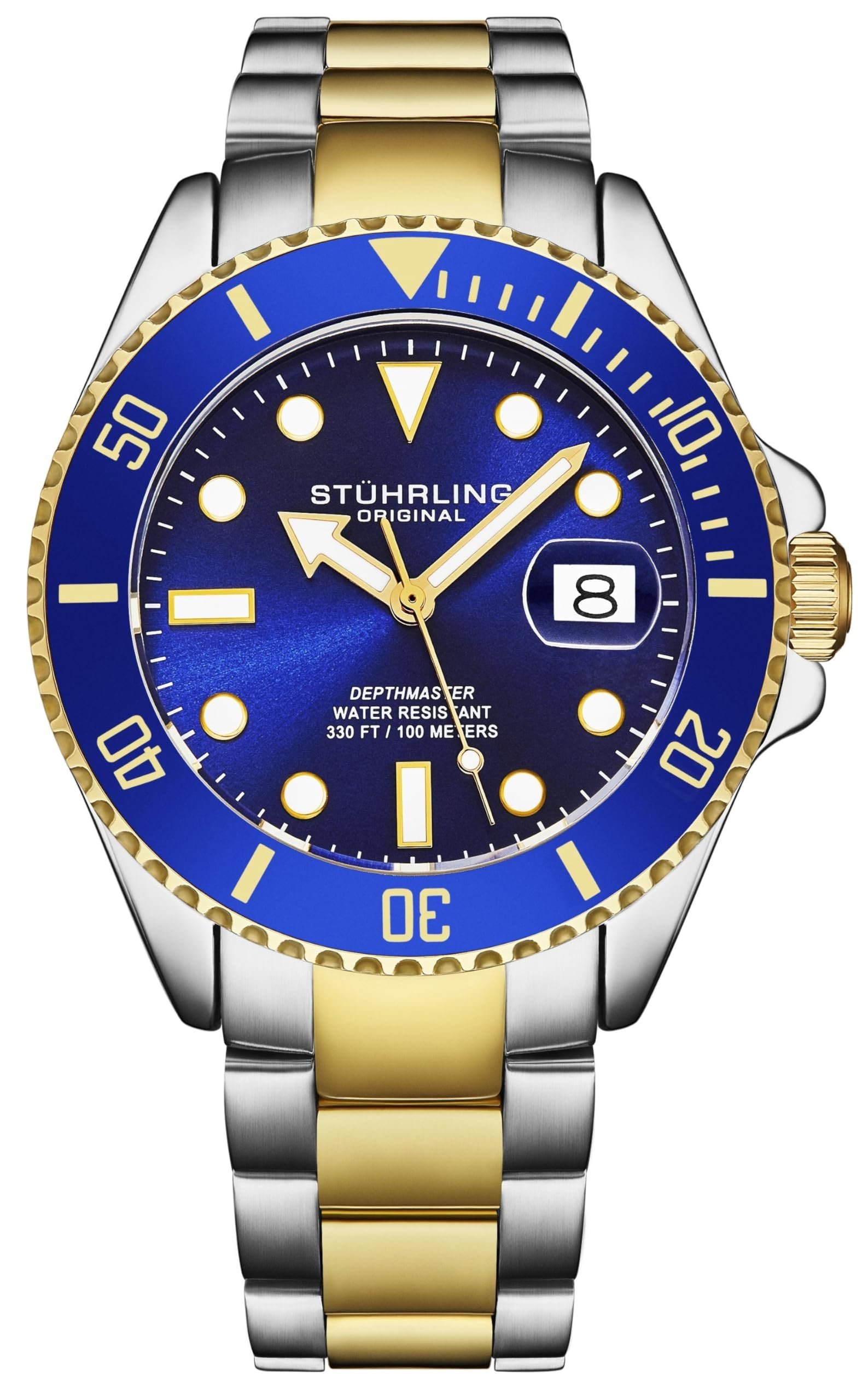 Gold and silver Stuhrling watch with blue face and date window