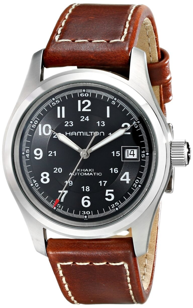 Hamilton Khaki automatic watch with black face and brown leather strap