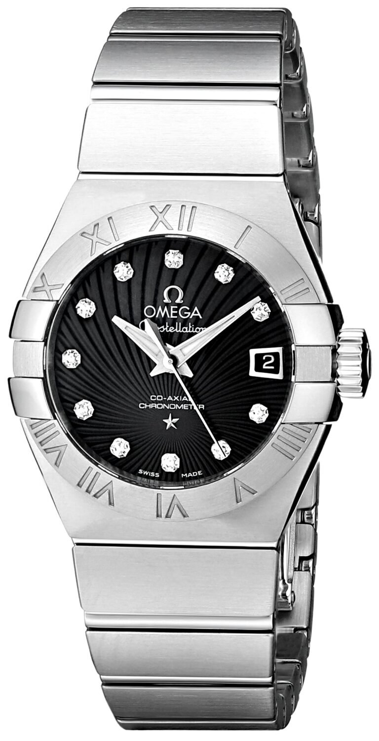 Silver Omega Constellation watch with black face, diamond markers, and date display