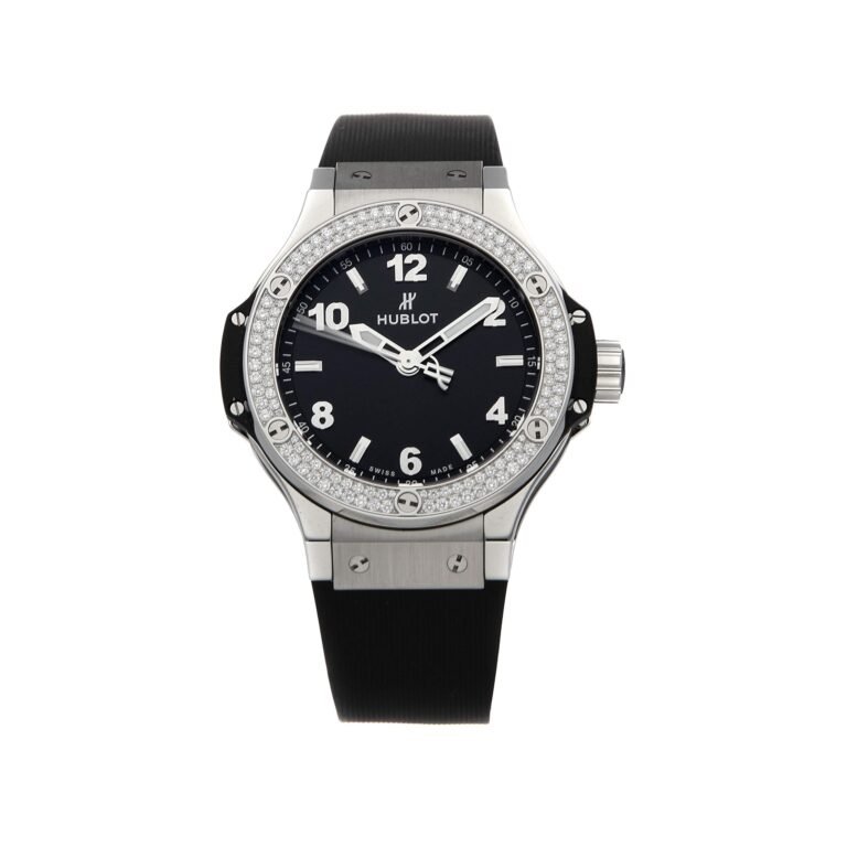 Hublot watch with black face, diamond bezel, and black rubber strap