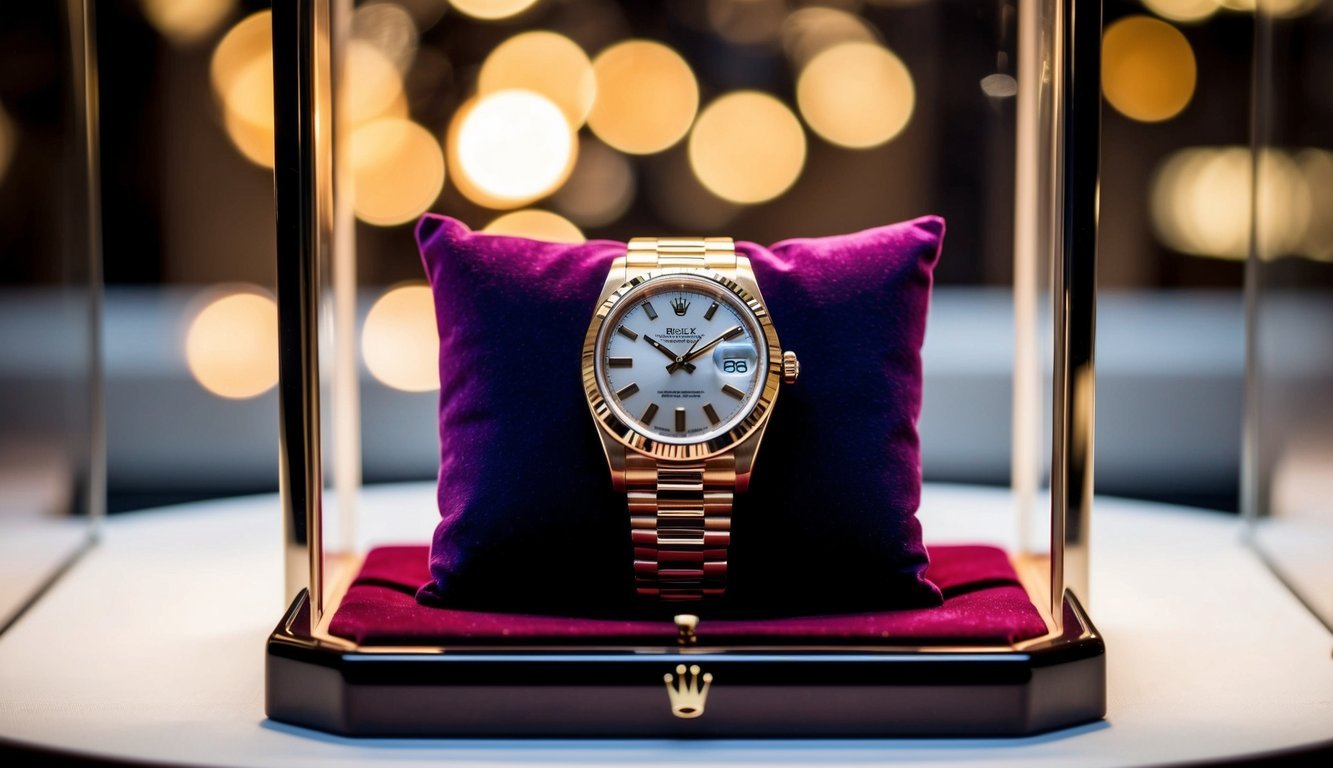 A luxurious Rolex President watch displayed on a velvet cushion in a glass case under soft spotlight